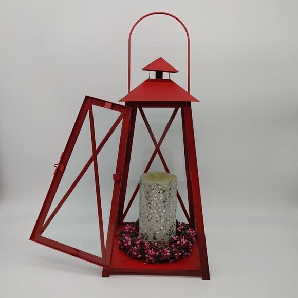 Indoor And Outdoor Red Glass Metal Hanging Candle Impressions Lantern Vintage - Picture 2 of 12